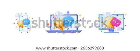Vector 3d cartoon set megaphone message on computer monitor phone and laptop. Online promotion and social media.