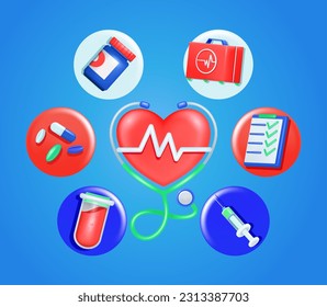 Equipo médico tipo caricatura vectorial 3d y examen estetoscopio concepto médico latido corazón. Salud y bienestar