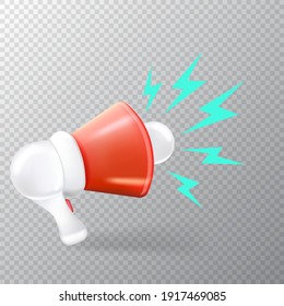Vector 3d cartoon style red megaphone icon isolated on transparent background. Cartoon 3d vector loudspeaker or hand speaker label or sign