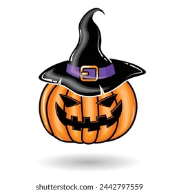 Vector 3D Cartoon Style Scary Smiling Halloween Pumpkin wears wizard hat isolated on white background Spooky pumpkin with creepy face expression Happy Halloween Trick or Treat Halloween Design Element