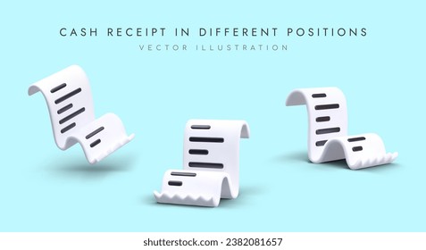 Recibo de caja vectorial 3D en diferentes posiciones. El papel blanco dobló la cinta con símbolos negros. Signo de cálculo, compra. Informe electrónico de compra, cheque digital