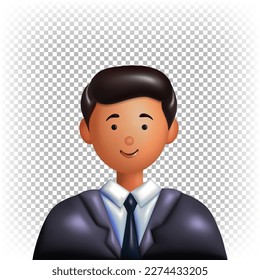 Vector 3d character. A man in a dark business suit with short black hair. Avatar, icon, sticker, portrait.