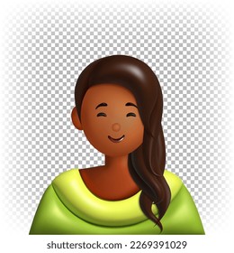 Vector 3d character smiling girl with long brown hair. Cartoon stylized portrait, icon, avatar on white background.