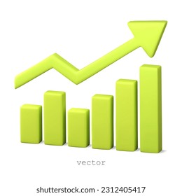 Vector 3D chart up with arrow, infographics element. Growth chart with Green arrow of trend. Realistic 3d design. Vector illustration isolated on white background. 3D Illustration