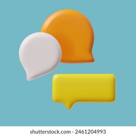 Vector 3D chat bubbles on blue background. Blank round and rectangular dialog boxes of different colors for questions and answers. Ideal for social media communication concepts.