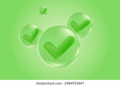 Vector 3d Check mark icon. Glowing sphere select eco icon with green gradient background. Green yes button. 3d tick illustration for web, design, app