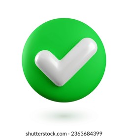 Vector 3d Check mark realistic icon. Trendy plastic green checkmark, select icon with shadow isolated on white background. Green yes button. 3d render tick sign illustration for web, app, design.