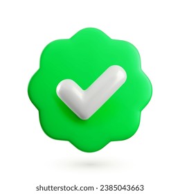 Vector 3d Check mark realistic icon. Trendy plastic green round wavy badge with checkmark, approved icon on white background. Green verified badge button. 3d render yes tick sign illustration.