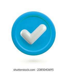 Vector 3d Check mark realistic icon. Trendy plastic blue checkmark, select icon with shadow isolated on white background. Blue yes button. 3d render tick sign illustration for web, app, design.