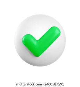 Vector 3d Check mark realistic icon. Trendy plastic white and green checkmark button, select icon isolated on white background. 3d render tick sign illustration for web, app, design.