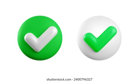 Vector 3d check mark realistic icons. Trendy plastic green and white checkmark, select icons set isolated on white background. Green yes button. 3d render tick sign illustration for web, app, design.