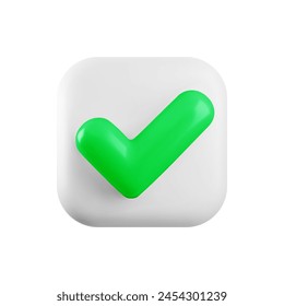 Vector 3d Check mark realistic icon. Trendy square plastic white and green checkmark button, select icon isolated on white background. 3d render tick sign illustration for web, app, design.