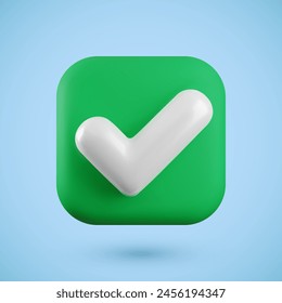 Vector 3d Check mark realistic icon. Trendy plastic checkmark concept, square select icon with shadow on blue background. Green yes button. 3d render tick sign illustration for web, app, design.