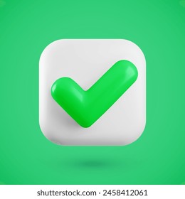 Vector 3d Check mark realistic icon. Trendy square plastic white and green checkmark button, select icon with shadow on green background. 3d render tick sign illustration for web, app, design.