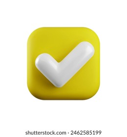 Vector 3d Check mark realistic icon. Trendy plastic yellow checkmark, select icon isolated on white background. Blue square yes button. 3d render tick sign illustration for web, app, design.