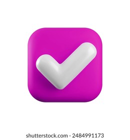 Vector 3d Check mark realistic icon. Trendy plastic purple checkmark, select icon isolated on white background. Pink square yes button. 3d render tick sign illustration for web, app, design.