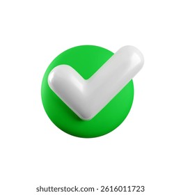 Vector 3d Check mark realistic icon. Trendy plastic green checkmark, select circle icon isolated on white background. Green round yes button. 3d render tick sign illustration for web, app, design
