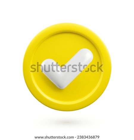 Vector 3d Check mark realistic icon. Trendy plastic yellow checkmark, select icon with shadow isolated on white background. Golden yes button. 3d render tick sign illustration for web, app, design