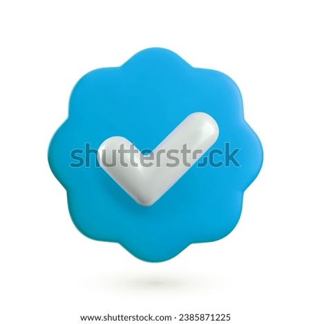 Vector 3d Check mark realistic icon. Trendy plastic blue round wavy badge with checkmark, approved icon on white background. Blue verified badge button. 3d render yes tick sign illustration.