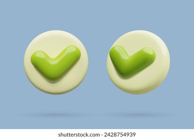 Vector 3d check marks flying icon set. Green ticks on round white buttons realistic three dimensional objects.