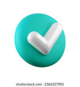 Vector 3d Checkmark realistic icon. Trendy glossy plastic blue check mark, choice, select icon isolated on white background. Green yes button. 3d render tick sign illustration for web, app, design.