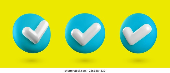 Vector 3d Checkmark realistic icons set. Trendy glossy plastic blue check mark buttons collection in different angles, choice icon isolated on yellow background. 3d render tick sign illustration.