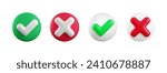 Vector 3d checkmarks icon set. Round glossy red, green and white yes tick and no cross buttons isolated on white background. Check mark and X symbol in circle shape realistic 3d render.