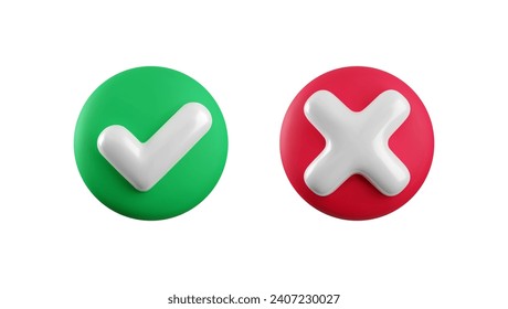 Juego de iconos de marcas de verificación vectoriales 3d. Redondo brillante sí tictac y sin botones cruzados aislados en fondo blanco. Marque y el símbolo X en la representación 3d realista de círculo verde y rojo. Juego de signos correcto e incorrecto.