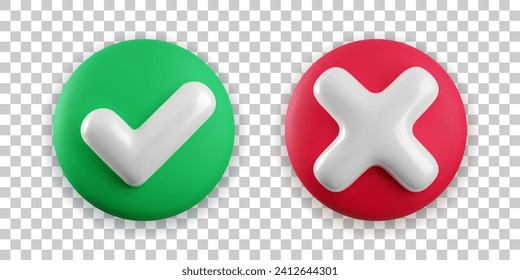 Vector 3d checkmarks icon set. Round glossy yes tick and no cross buttons on transparent background. Check mark and X symbol in green and red circle realistic 3d render. Right and wrong sign set.