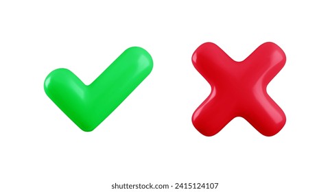 Vector 3d checkmarks icon set. Glossy yes tick and no cross buttons isolated on white background. Green plastic check mark and red X symbol realistic 3d render. Right and wrong sign set.