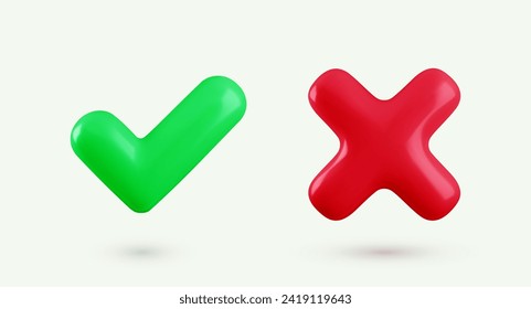 Vector 3d checkmarks icon set. Glossy yes tick and no cross buttons. Green plastic check mark and red X symbol realistic 3d render. Right and wrong sign set.