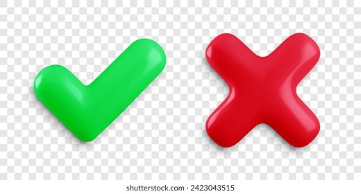 Vector 3d checkmarks icon set on transparent background. Glossy yes tick and no cross buttons with shadow. Green plastic check mark and red X symbol realistic 3d render. Right and wrong sign set.