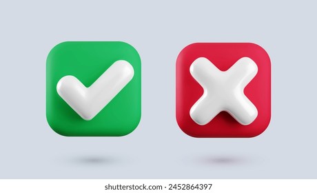 Vector 3d checkmarks icon set. Square glossy yes tick and no cross buttons with shadow. Check mark and X symbol in green and red square shape realistic 3d render. Right and wrong sign set.