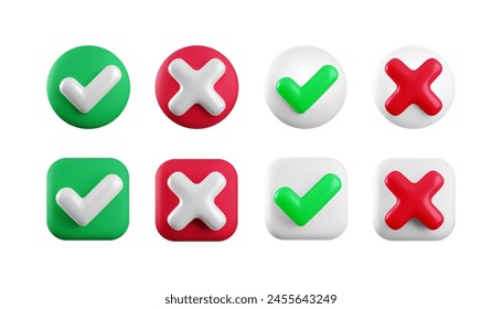 Vector 3d checkmarks icon set. Round and square glossy yes tick and no cross buttons isolated on white. Red, green and white heck mark and X symbols realistic 3d render. Right and wrong sign set.
