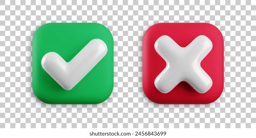 Vector 3d checkmarks icon set. Square glossy yes tick and no cross buttons on transparent background. Check mark and X symbol in green and red square realistic 3d render. Right and wrong sign set.