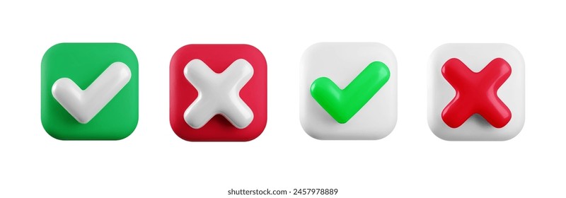 Vector 3d checkmarks icon set. Square glossy red, green and white yes tick and no cross buttons isolated on white background. Check mark and X symbol in square shape realistic 3d render.