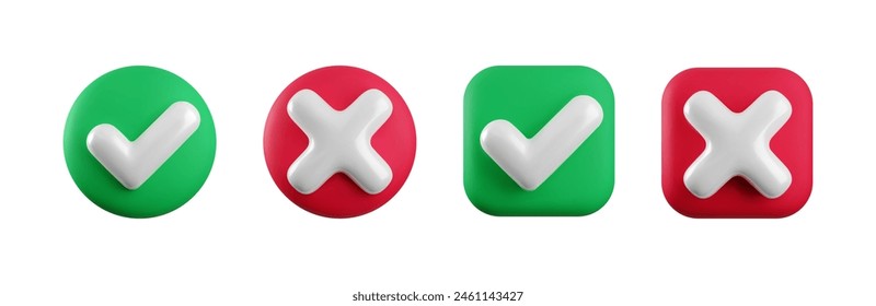 Vector 3d checkmarks icon set. Round and square glossy yes tick and no cross buttons isolated on white. Check mark and X symbol in green and red shape realistic 3d render. Right and wrong sign set.