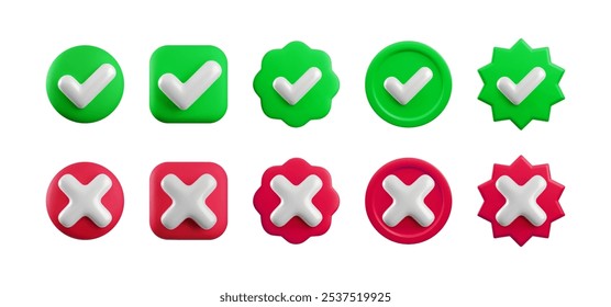 Vector Conjunto de iconos de marcas de verificación 3D. Redondo, cuadrado, ondulado, starburst sí tick y sin Botones cruzados en blanco. Marca de verificación y símbolo X en forma de verde y rojo realista 3d render. Conjunto de signos correcto e incorrecto.