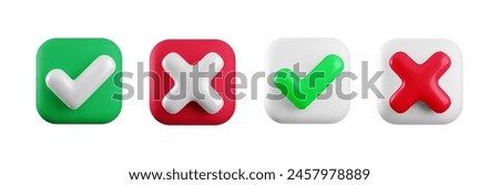 Vector 3d checkmarks icon set. Square glossy red, green and white yes tick and no cross buttons isolated on white background. Check mark and X symbol in square shape realistic 3d render.