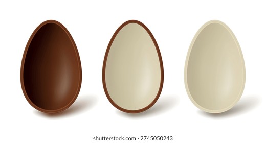 Vector 3d Chocolate Egg Set With Cross Section, Isolated. Dark Chocolate Shell and White Chocolate Egg. Sweet Easter Candy Design Template for Packaging, Holiday Design, Front View
