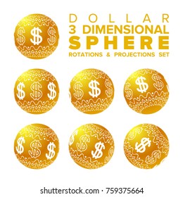 Vector 3d Christmas golden and white dollar ball rotations and projections set