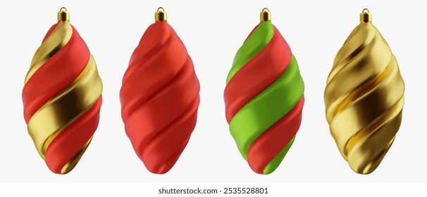 Vector 3d Christmas illustration toys isolated on white background. Set bright festive realistic new year elements from different materials.