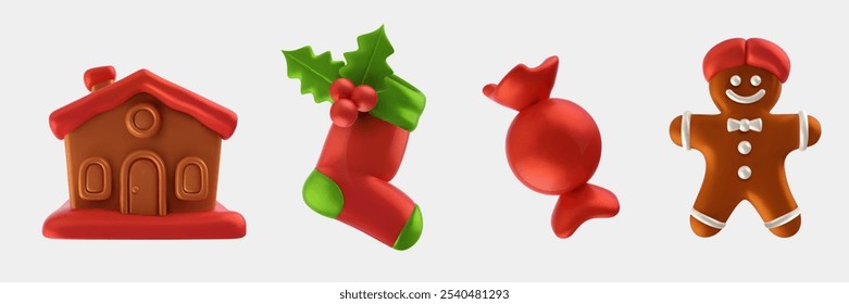 Vector 3d christmas or new year elements in realistic style. House, santa sock, red candy, gingerbread man isolated on white background. Set decoration for design branding.