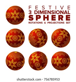 Vector 3d Christmas red and gold ball rotations and projections set