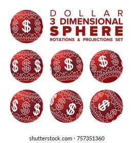 Vector 3d Christmas red and white dollar ball rotations and projections set