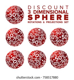 Vector 3d Christmas red and white 50% discount ball rotations and projections set