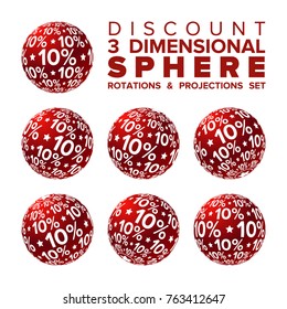 Vector 3d Christmas red and white 10 percent discount ball rotations and projections set