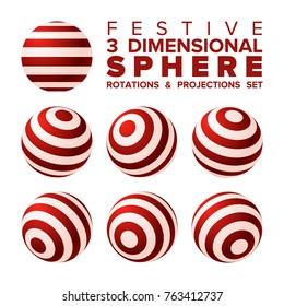 Vector 3D Navidades rojas y blancas rayadas rotaciones de bolas y proyecciones conjunto
