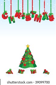 vector 3D christmas text red and green on  white snow background with christmas tree