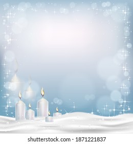 Vector 3d Chritsmas candles on snow with blue burry bokeh background, Elegant Winter scene with burning candles, New year 2021 background with shining star frame and copy space for text.